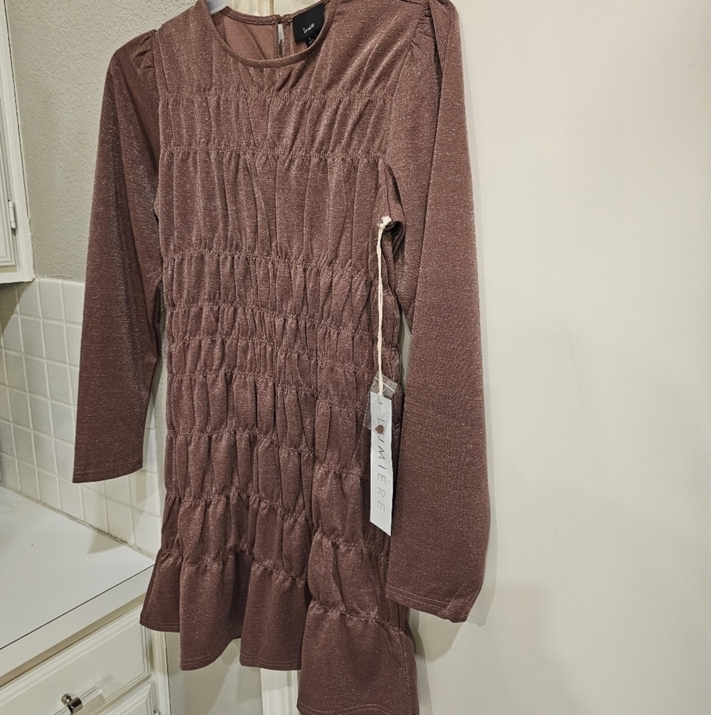 NWT Lumiere Metallic Long Sleeved Shirred Minidress Shimmery Sparkly Mauve Large - Picture 6 of 13